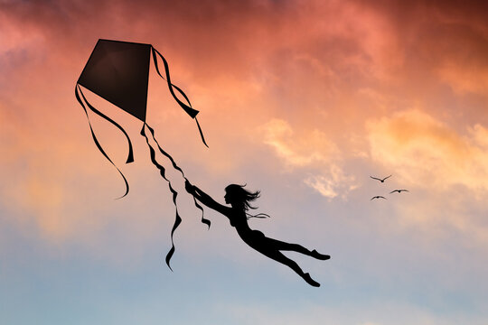 illustration of free girl flies on the kite