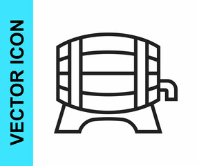 Black line Wooden barrel on rack with stopcock icon isolated on white background. Vector
