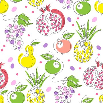 Seamless pattern with the image of fruits. Pineapple, pomegranate, grapes. One line drawing.