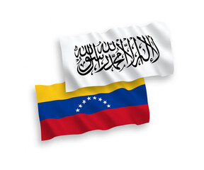 National vector fabric wave flags of Venezuela and Taliban isolated on white background. 1 to 2 proportion.