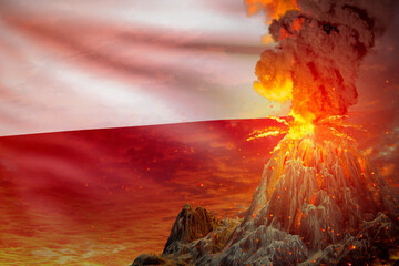 high volcano blast eruption at night with explosion on Poland flag background, suffer from disaster and volcanic ash conceptual 3D illustration of nature