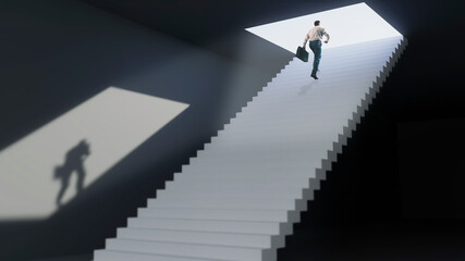 Businessman with briefcase moving up on steps