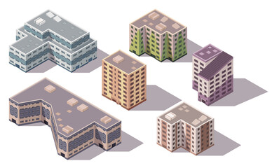 Collection of isometric high rise buildings and street elements with place for parking. City or town map construction elements. Icons representing multi story building. Houses, homes or offices
