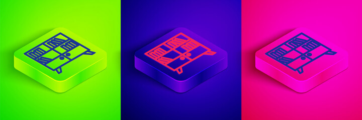 Isometric line Library bookshelf icon isolated on green, blue and pink background. Square button. Vector