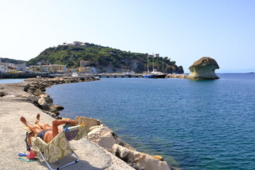 View to the Coastal landscape of Lacco Ameno from the sea, Mediterranean Sea coast, bay of Naples,...