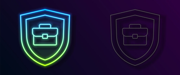 Glowing neon line Briefcase with shield icon isolated on black background. Insurance concept. Security, safety, protection, protect concept. Vector