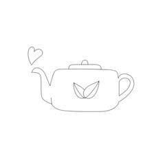Line art doodle teapot with leaves. Hot steam in heart shape. Kitchen utensil. Isolated vector illustration 