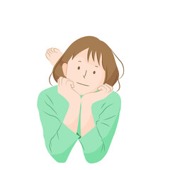 Illustration of a girl resting her face on her hands (white background, vector, cut out)