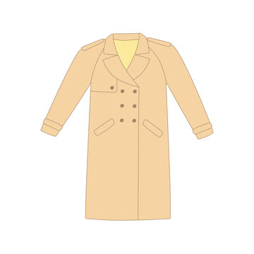 Beige doodle trench coat with pockets and buttons. Men and women autumn or spring clothes. 