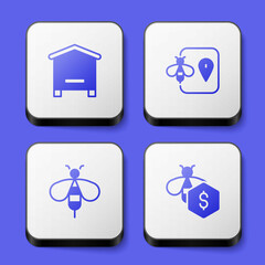 Set Hive for bees, Bee location, and Sale of icon. White square button. Vector