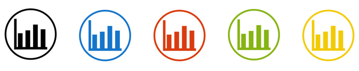 Bunter Banner mit 5 farbigen Icons: Diagramm, Statistik, Auswertung, Bilanz oder Säulendiagramm nit Daten - obrazy, fototapety, plakaty