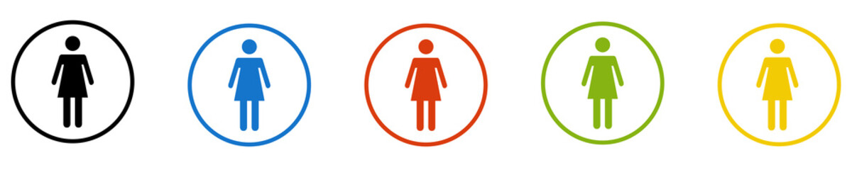 Bunter Banner mit 5 farbigen Icons: Frau, weibliche Person, Mensch oder Toilette für Damen