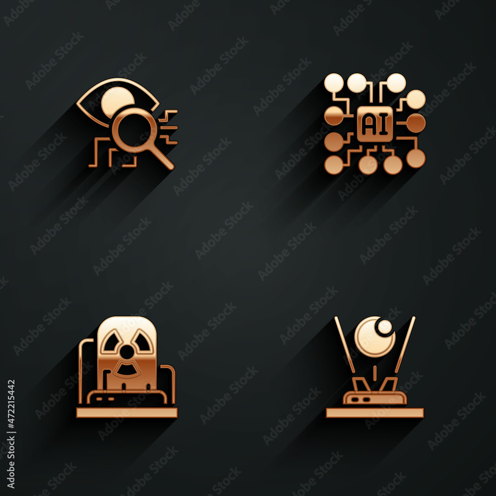 Aufkleber set eye scan, neural network, radioactive warning lamp and hologram icon with long shadow. vector