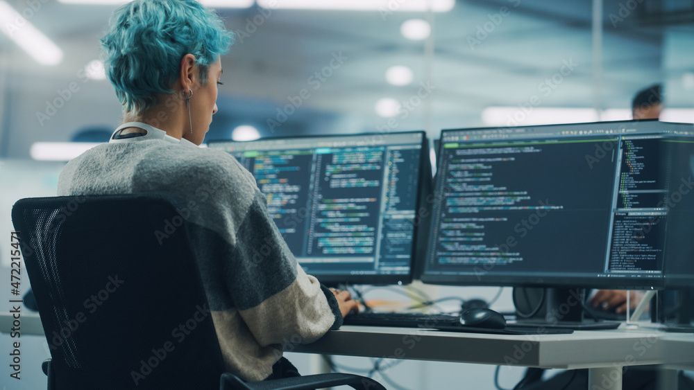Poster In Diverse Office: Young Stylish Woman in Working on Desktop Computer. Colorful Haired Girl Digital Entrepreneur Creating Modern Software, e-Commerce App Design, e-Business Coding. Over Shoulder Shot