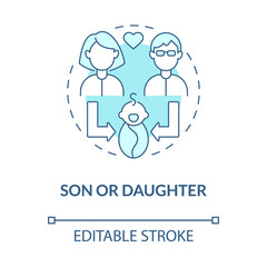 Son or daughter social role blue concept icon. Baby function part in family. Child role model society abstract idea thin line illustration. Vector isolated outline color drawing. Editable stroke