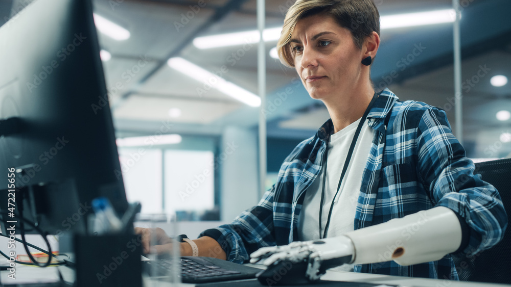 Poster diverse body positive office: portrait of motivated woman with disability using prosthetic arm to wo