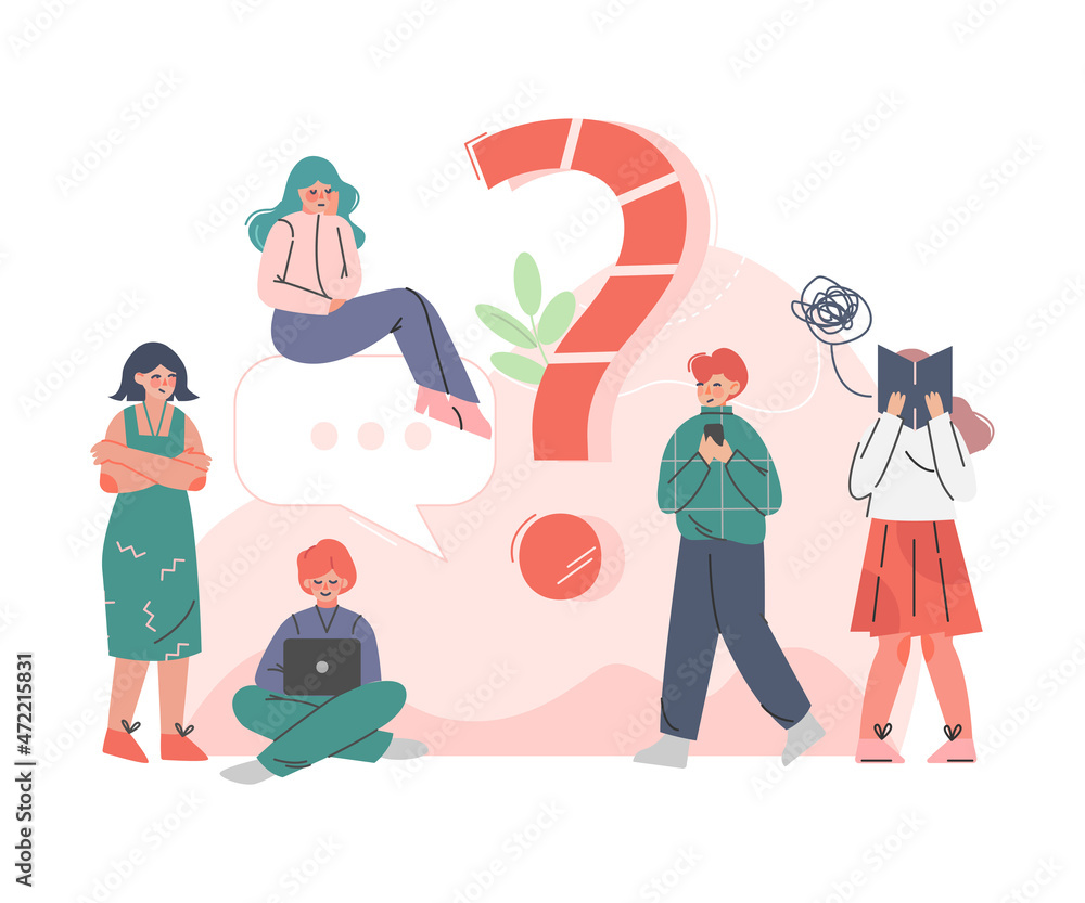 Poster puzzled people character asking question and searching for answer around interrogation mark vector i