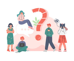 Puzzled People Character Asking Question and Searching for Answer Around Interrogation Mark Vector Illustration