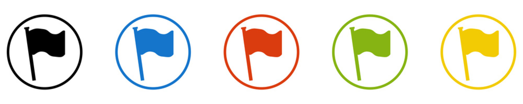 Bunter Banner mit 5 farbigen Icons: Fahne, Flagge, Zielflagge oder F&auml;hnchen
