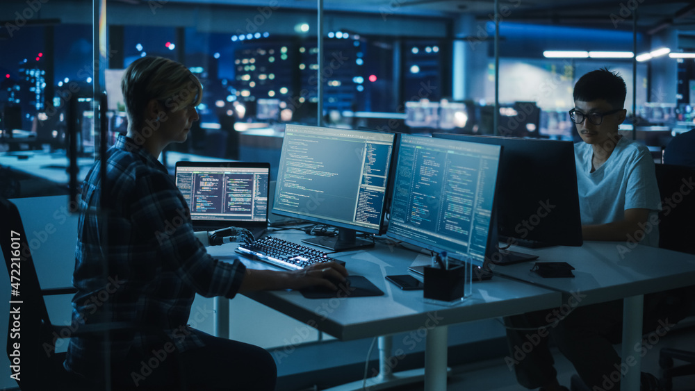Poster Diverse Teamwork in Office at Night: Motivated Woman with Disability Using Prosthetic Arm to Work on Computer. Specialist uses Myoelectric Bionic Hand. Software Engineers work Late on Innovative App