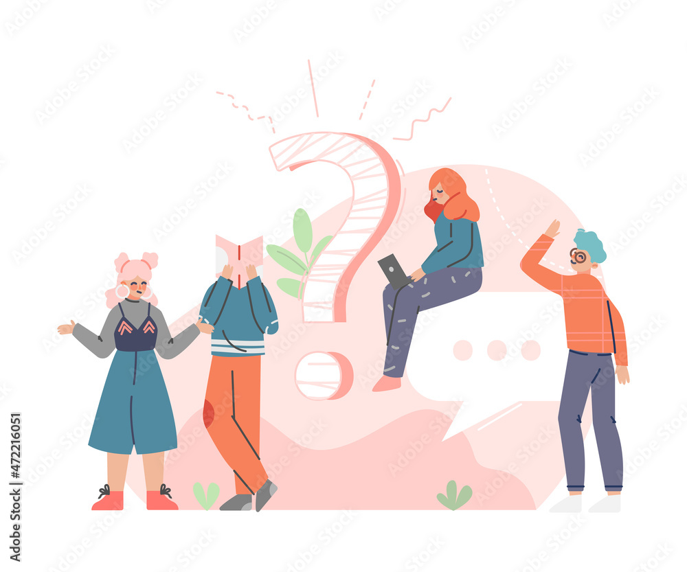 Poster puzzled people character asking question and searching for answer around interrogation mark vector i