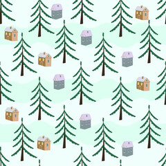 Fototapeta premium Christmas seamless pattern with stylized Christmas trees and houses. Vector.