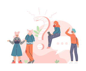 Puzzled People Character Asking Question and Searching for Answer Around Interrogation Mark Vector Illustration
