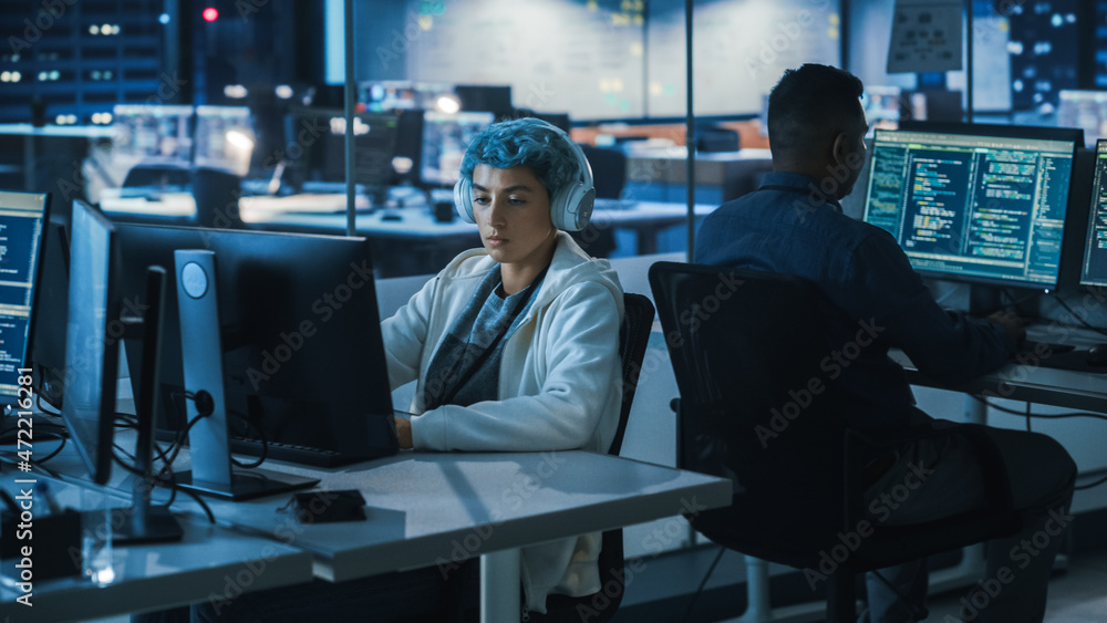 Poster Diverse Office at Night: Multi-Ethnic Team of Young Programmers Working on Computers, Screens Show Coding Language User Interface. Software Engineers Create Innovative e-Commerce App.