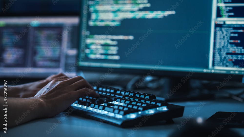 Poster Close-up Focus on Person's Hands Typing on the Desktop Computer Backlit Keyboard. Screens Show Coding Language User Interface. Software Engineer Create Innovative e-Commerce App. Program Development