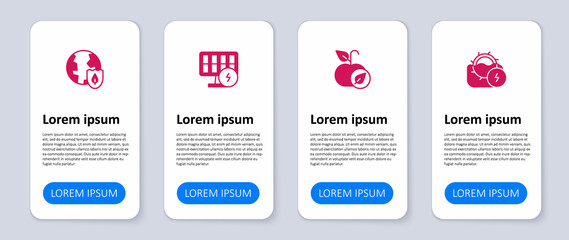Set Water mill, Apple, Solar energy panel and Earth with shield. Business infographic template. Vector