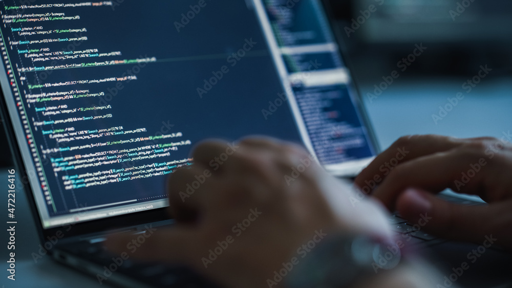 Poster Close-up Focus on Person's Hands Typing on the Desktop Computer Keyboard. Screens Show Coding Language User Interface. Software Engineer Create Innovative e-Commerce App. Program Development