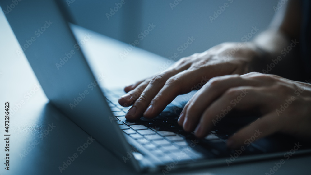Poster Close-up Static Shot: Person Typing on the Laptop Keyboard. Working, Writing Emails, Using Internet, Doing Coding, Programming Software, Developing e-Commerce Project or e-Business Customer Service