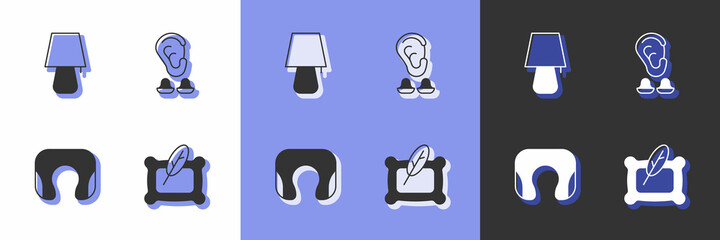 Set Pillow, Table lamp, Travel neck pillow and Earplugs and ear icon. Vector