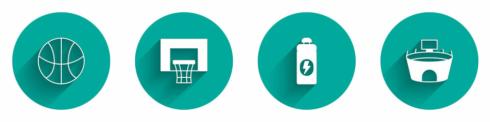 Set Basketball ball, backboard, Fitness shaker and Stadium icon with long shadow. Vector