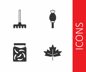 Set Canadian maple leaf, Garden rake, Pickled cucumbers in jar and Opium poppy icon. Vector