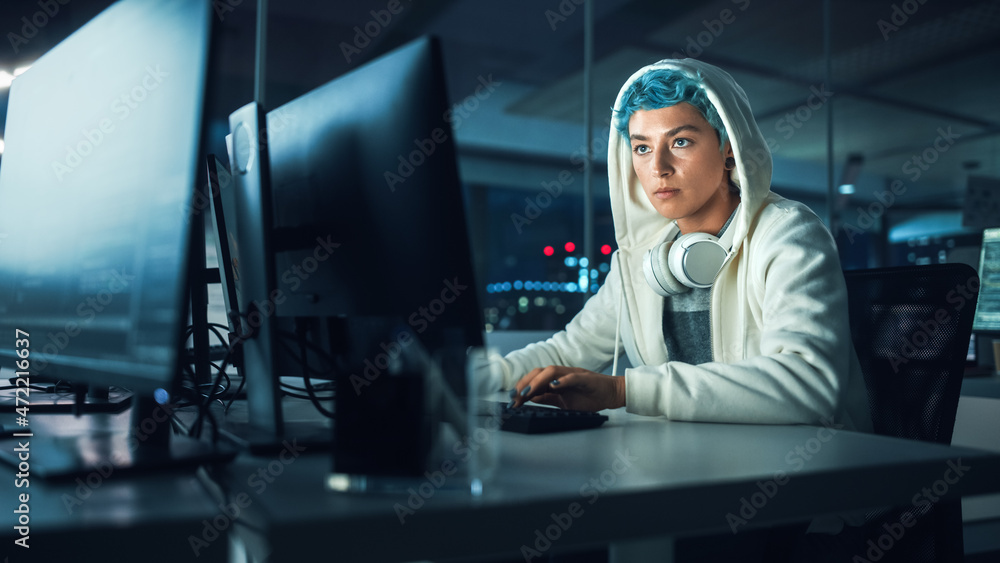 Poster Late at Night in Office: Portrait of Young Stylish Freelancer Woman Working on Desktop Computer. Non-Binary Person Creating Modern Content, Do Contemporary Project Design, Create Colorful Marketing