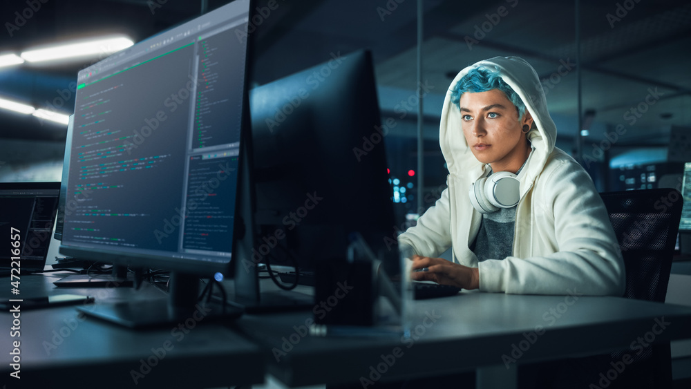 Poster late at night in office: portrait of young stylish freelancer woman working on desktop computer. non
