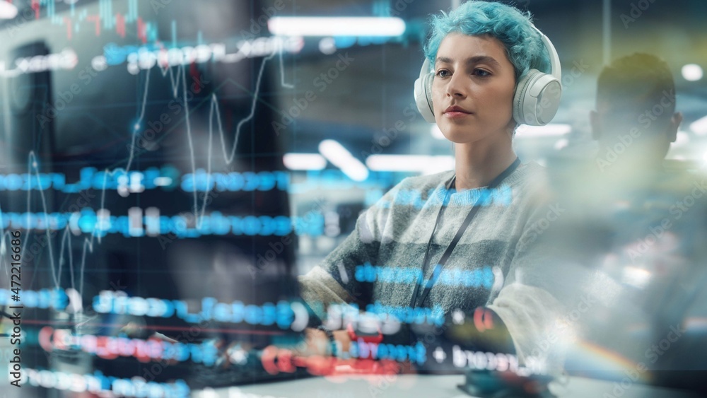 Aufkleber Concept Shot with Visualisation of Running Computer Code on Foreground. Portrait of Young Stylish Woman Working on Desktop Computer In Office. Colorful Girl Creating Modern Content, Project Design