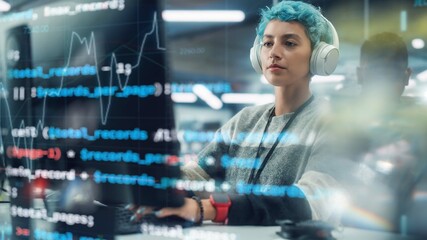 Concept Shot with Visualisation of Running Computer Code on Foreground. Portrait of Young Stylish Woman Working on Desktop Computer In Office. Colorful Girl Creating Modern Content, Project Design
