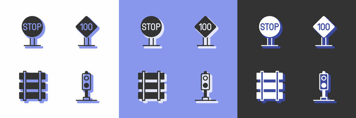 Set Train traffic light, Stop sign, Railway, railroad track and Speed limit 100 km icon. Vector