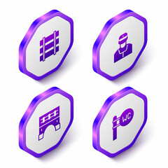 Set Isometric Railway, railroad track, Train conductor, Bridge for train and Toilet icon. Purple hexagon button. Vector