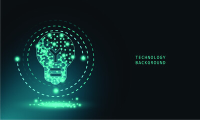  Lamp bulb on technology background. Wireframe landscape background. Blue abstract hi speed internet technology.