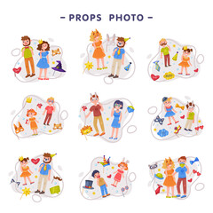 People Character Wearing Party Birthday Photo Booth Props Standing and Smiling Vector Set