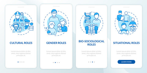 Social position blue onboarding mobile app page screen. Cultural role walkthrough 4 steps graphic instructions with concepts. UI, UX, GUI vector template with linear color illustrations