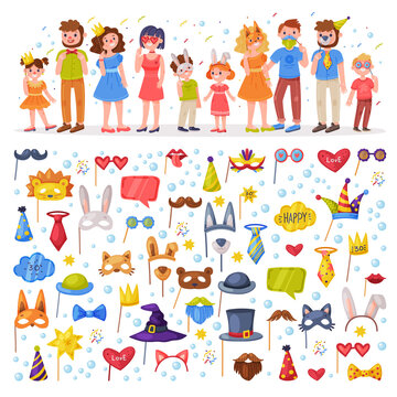 Family with Kids Wearing Party Birthday Photo Booth Props Standing and Smiling Vector Set