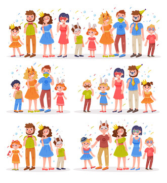 Family with Kids Wearing Party Birthday Photo Booth Props Standing and Smiling Vector Set