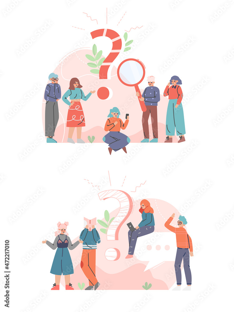 Poster puzzled people character asking question and searching for answer around interrogation mark vector i