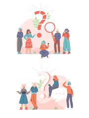 Puzzled People Character Asking Question and Searching for Answer Around Interrogation Mark Vector Illustration Set