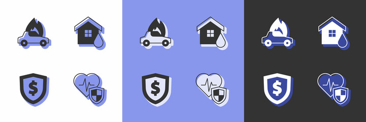 Set Life insurance with shield, Burning car, Shield dollar and House flood icon. Vector