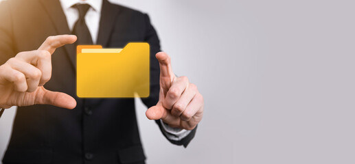 Businessman hold folder icon.Document Management System or DMS setup by IT consultant with modern...
